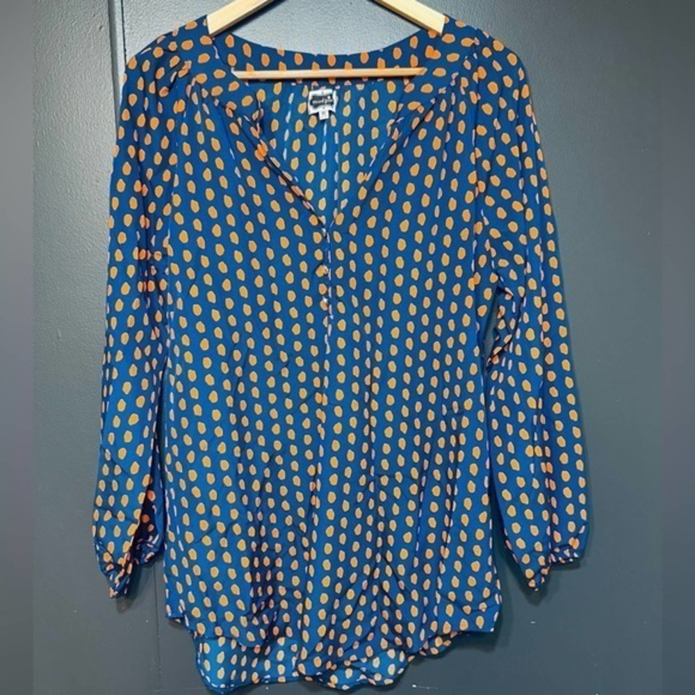 Mud Pie deep blue and orange polka‎ dot oversized v-neck tunic blouse